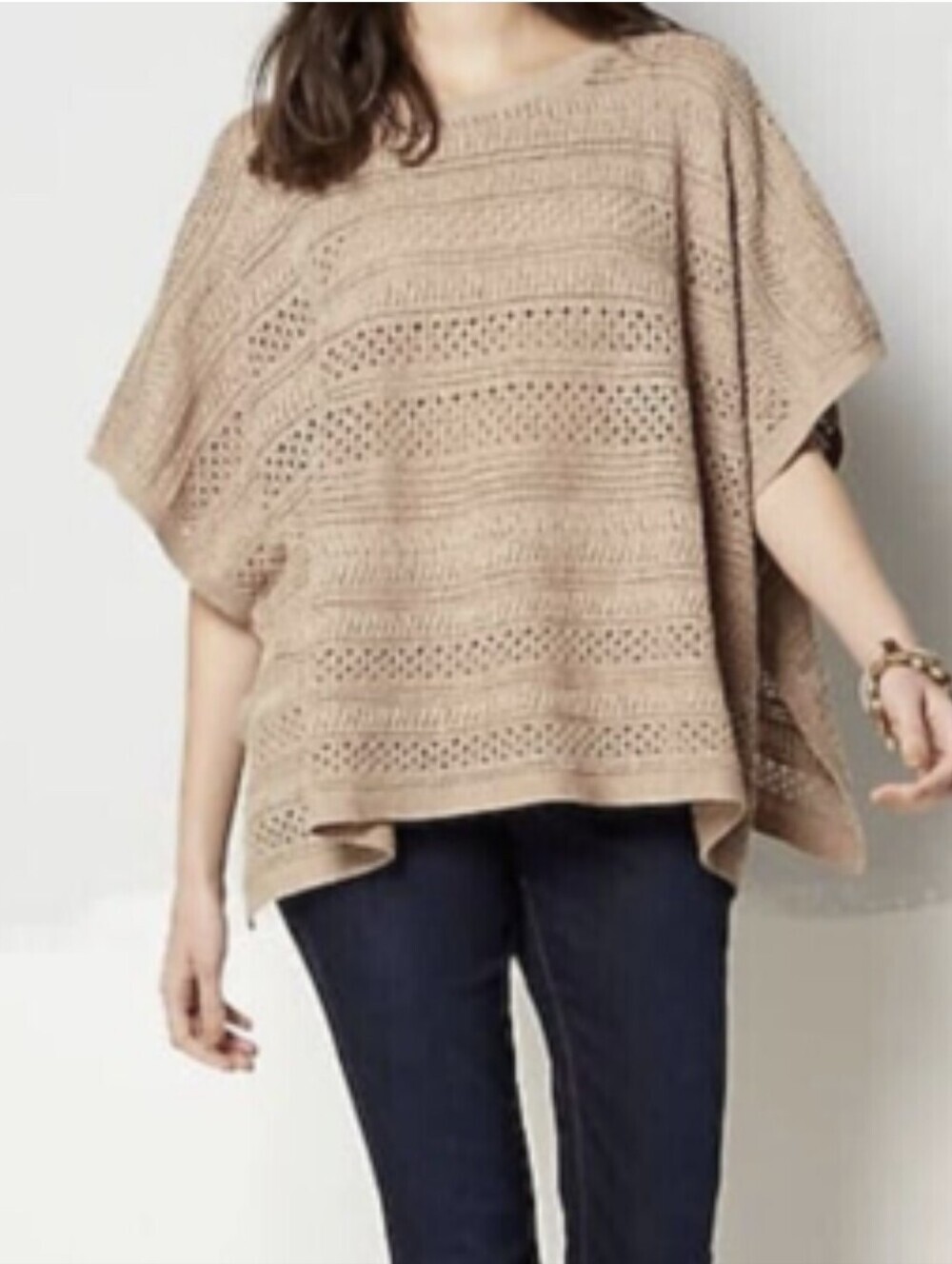 J Jill Poncho Women XL - 3X Beige Open-Stitch Boho Chic Neutral Casual Ruana